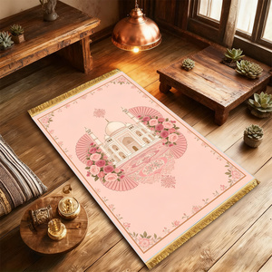 Alfombra de Oración <span class=keywords><strong>Rosa</strong></span> de Terciopelo con Diseño Floral Estampado, con Borla, Antideslizante y Plegable - Product Image 2