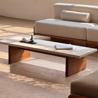 Table basse rectangulaire en travertin de style nordique pour salon, base en bois, plateau en pierre naturelle, idéale pour hall d'hôtel