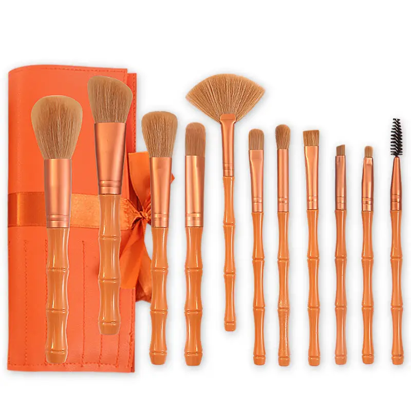 11 adet turuncu bambu makyaj fırçalar seti pudra fondoten allık kontur kapatıcı kaş göz farı karıştırma fırçası makyaj aracı