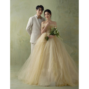 Wedding Dress Strapless High Waist Ball Gown Tulle Netting Simple Forest Style With Train For Photography - Product Image 1
