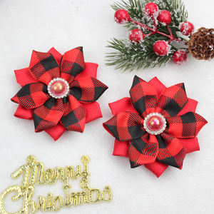 2개/세트 크리스마스 축제 레드 플래드 파스텔 꽃 리본 헤어핀 진주 장식 여자아이 키즈 헤어 액세서리 - Product Image 6