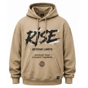 เสื้อฮู้ดพิมพ์ลาย Men Beige Rise Beyond Limits ผ้าฟลีซลำลอง ทรงหลวม ใส่ออกกำลังกายหรือใส่ลำลองได้ แฟชั่นฤดูหนาว - Product Image 1