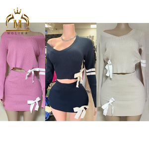 Trajes de primavera y otoño para mujer, suéter corto de punto con lazo y falda, conjuntos de 2 piezas para mujer Y2k, conjuntos de falda de dos piezas, ropa de mujer 2025 - Product Image 2