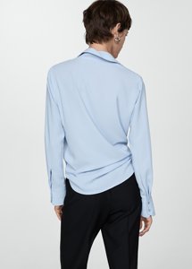 Usine de vêtements Oem personnalisé quantité minimale de commande bas 50 pièces col rabattu bouton caché manches longues bleu clair femmes Blouse hauts chemise - Product Image 5