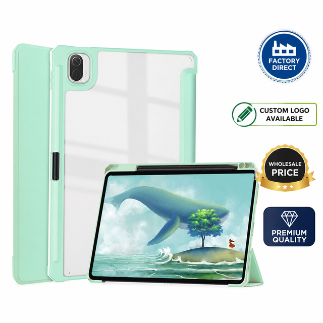 Tri Fold Stand Tablet Cover for iPad Air 11 M4 2026 with Pencil Holder Transparent PC Back Cover and TPU Edge