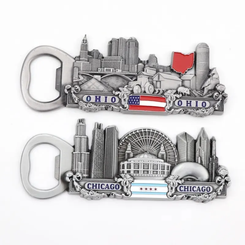 Hoge Kwaliteit Gepersonaliseerde Logo Zinklegering Usa Indiana Chicago Ohio Souvenir Metalen Flesopener Magneet