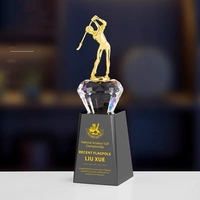 Adl New Design Golf Crystal Glass Acrylic Awards Trophy Awards with Clear Diamond Metal Black Crystal Glass Base