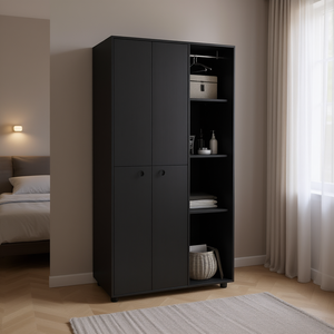 Armoire à double porte Misuri Armoire avec tringles de suspension et étagères ouvertes Couleur noire - Product Image 2