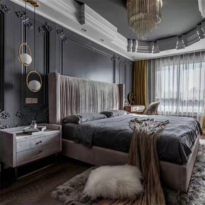 Light Luxury Assembled Pleated Velvet Fabric French Retro Nordic Wing High <strong>Backrest</strong> Double <strong>Bed</strong> <strong>for</strong> Master Bedroom Wedding - Product Image 1