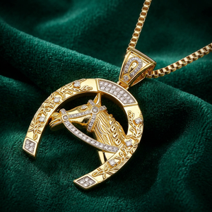 Pendentif tête de cheval fer à cheval plaqué or 14K avec chaîne cubaine, collier Hip Hop micro-pavé de zircone cubique de laboratoire, unisexe - Product Image 3
