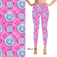Leggings rose et turquoise tie-dye à imprimé cercles rétro, doux, extensibles et taille haute, coupe ajustée, pour la gym, le yoga et les soirées