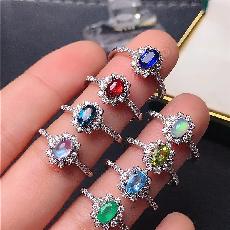 Natural Stone Halo Rings S925 Sterling Silver 4*6mm Oval Cut Gemstone Emerald Opal Topaz Peridot Garnet Jewelry Wholesale