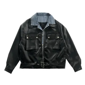 2022 New Fashionable Denim Stitching Winter New Style False Two Denim Pieces Men's Pu Leather Jacket Men