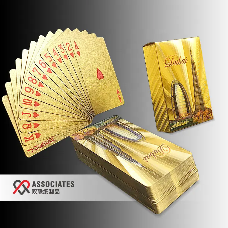 Stampa personalizzata 24k lamina placcata nera Dubai Burj Al carte da gioco impermeabili in oro arabo con scatola di legno