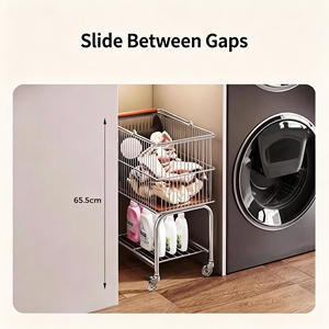 Rolling Laundry Cart With Wheels Heavy Duty Stainless Steel Hamper Trolley Mobile Clothes Storage Organizer With Bottom <b>Shelf</b> - Product Image 5