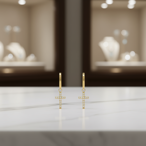 Orecchini a Cerchio E643 con Croce Dorata e Cristalli, Unisex per Uso Quotidiano - Product Image 2