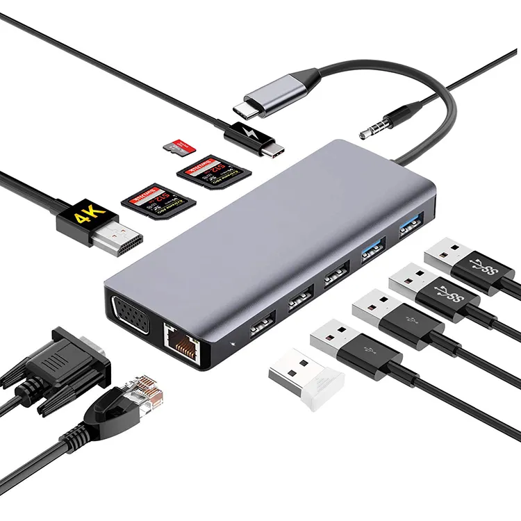 13 ใน 1 ประเภท C HUB USB C 4 kHDML,3.5 มม., SD * 2,MicroSD,4 K HD MI,VGA,Gigabit Ethernet,3 * USB2.0, 2 * USB3.0
