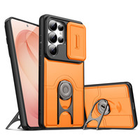 Coque de téléphone avec cache-objectif coulissant pour Samsung S26 S25 Ultra 360 °   Coque de protection antichoc avec béquille rotative en métal