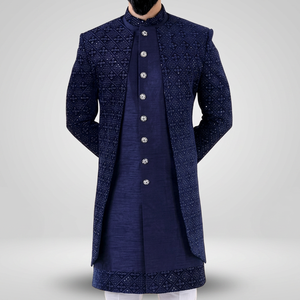 NAVY BLUE DESIGNER INDO WESTERN SHERWANI,SHRUG and <b>PANT</b> GROOM WITH EMBELLISHED DABKA,STONE WORK for WEDDING/PARTY-WEAR=2024 - Product Image 5