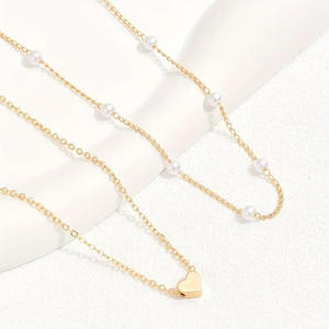 Collier rétro à double couche superposé, collier à pendentif en <span class=keywords><strong>faux</strong></span> perle en forme de cœur pour femmes, cadeau idéal pour les filles - Product Image 3