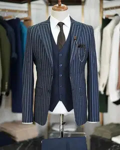 Costume pour homme sur mesure Veste à col hirondelle Gilet Pantalon Coupe italienne Slim Fit-Bleu