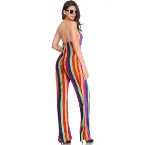 Baige fantasia de discoteca arco-íris listrado sexy sem mangas solta casual macacão