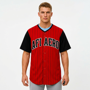 Maillot de baseball rouge et noir à rayures fines, 14, manches courtes, boutons sur le devant, uniforme d'équipe personnalisé, coupe régulière pour adulte - Product Image 2