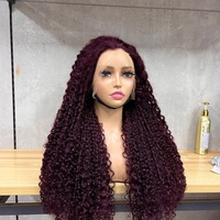 Perruque frontale Super Double Drawn Pixie Curl 100% cheveux humains, dentelle 13*4, couleur vin, sans colle, pleine densité