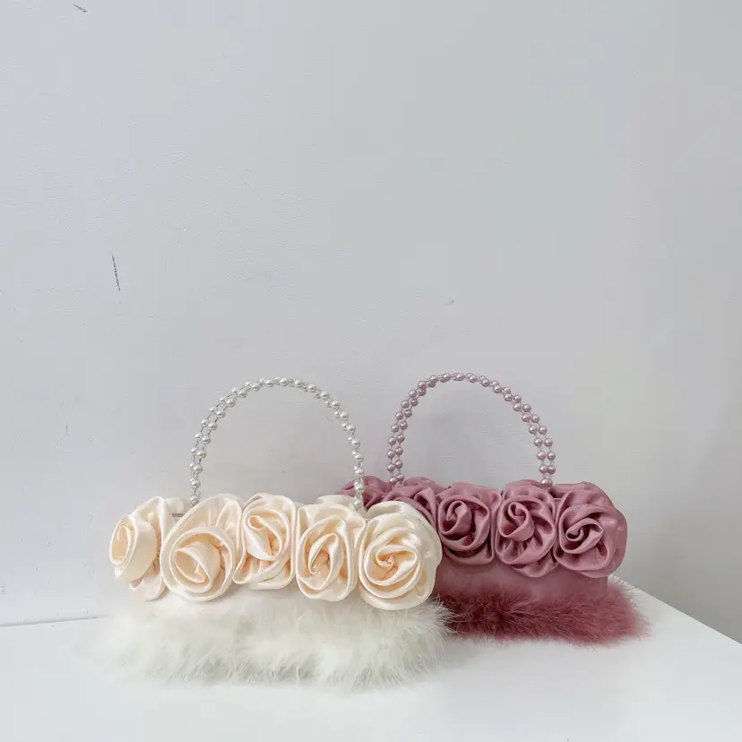 Monedero de Boda nupcial de lujo 2024 para mujer, bolso de cubo para fiesta de graduación, bolso de mano tejido a mano con perlas de seda, bolso de maquillaje esponjoso