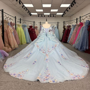 Vestido de Quinceañera Jancember 6936 Azul, Estilo Baile de Gala, Hombros Descubiertos, Bordado Floral Multicolor, Peplum - Product Image 4