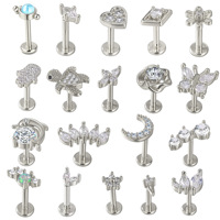 G23 Titanium 16G 8mm Flat Back Labret Stud Internal Thread Butterfly Heart Zircon Lip Piercing Unisex Earring.