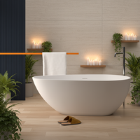 Baignoire autoportante ovale moderne en pierre artificielle blanc brillant, durable, avec drain central, modèle TONA NCL 1