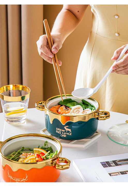 Binaural Instant Noodle Bowl Color Glazed Ceramic Bowls With Lid and Chopsticks Spoon
