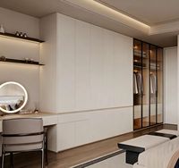 Système de dressing moderne et minimaliste, armoire de chambre avec coiffeuse intégrée et étagères ouvertes à éclairage LED