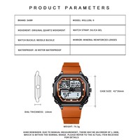 Montre homme SABR LED Sport, affichage double heure, calendrier numérique, cadran carré, bracelet en silicone, montre à quartz électronique pour homme