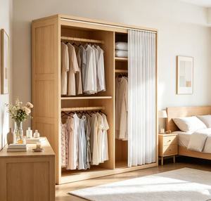 Armoire ouverte en chêne naturel de qualité supérieure avec porte à rideau et éclairage LED, organisateur de vêtements suspendus moderne et minimaliste pour chambre à coucher - Product Image 1