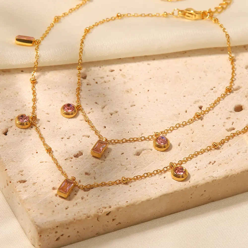 Wholesale Square pink Purple Round Pendant 18K gold stainless steel exquisite Mosaic zircon pendant bracelet necklace set
