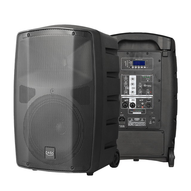 DASN DNE10DDM 10 Inch 800W DSP Professional Active Plastic Full Frequency Battery PA Speaker with Microphone Wheels and Tie Rod
