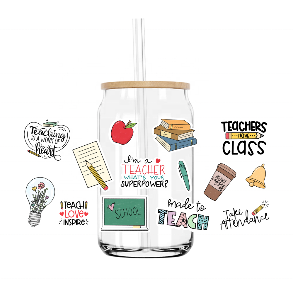 Obral besar Logo kelas pekerjaan cinta guru 16oz UV DTF Libbey Tumbler kaca bungkus stiker cetak Transfer