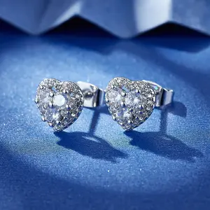 Classic Top Fashion Heart Stud Earrings Silver 14K Plating Rhodium Platinum Claw Setting Inlay Brass Heart Stud Jewelry