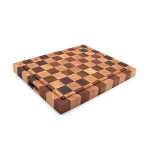 Toptan ağır kasap kesme tahtası kalın 3D Checker ahşap kesme tahtası akasya ve kauçuk ahşap kesme tahtası tabla de cortar