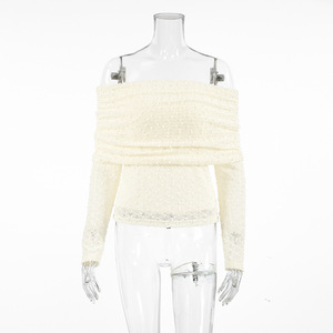 T-shirt en maille jacquard sexy à épaules tombantes, sans col, coupe ajustée, élégant et polyvalent pour femme - Product Image 4