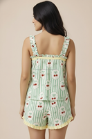 Ensemble pyjama femme à rayures vertes et nœud cerise, comprenant un haut de pyjama à bretelles à volants et un short à volants, idéal pour l'été, vêtements de nuit et de détente