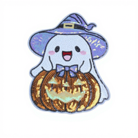 Grande écusson brodé à sequins, motif fantôme et citrouille d'Halloween, thermocollant, pour décoration de vêtements, en stock