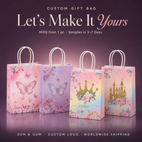 Sac cadeau imprimé pailleté, impression personnalisée pour fête de princesse, soufflet latéral, quatre motifs (papillon, château, couronne), vente en gros