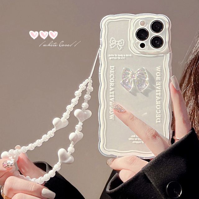 Ins Ice-Transparent Bow-knot Heart Design Shockproof Painted Lanyard for 16 Pro Max Mobile Phone Case