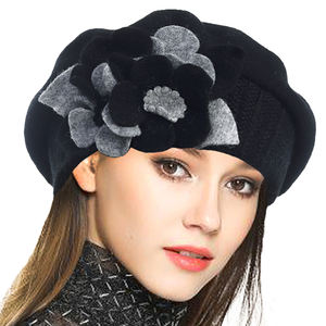 Béret français pour femme 100% laine Béret chic à fleurs Bonnet <span class=keywords><strong>de</strong></span> style vintage en tricot à bord chaud Chapeau d'hiver pour le ski - Product Image 1