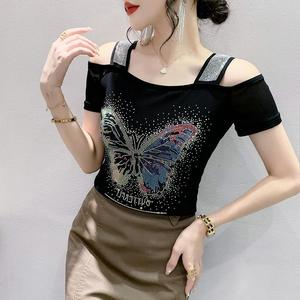 Camiseta de verano exquisita <span class=keywords><strong>con</strong></span> pedrería, de doble capa, de seda helada y malla, de manga corta, a <span class=keywords><strong>la</strong></span> moda, <span class=keywords><strong>con</strong></span> hombros descubiertos y <span class=keywords><strong>espalda</strong></span> hermosa - Product Image 1