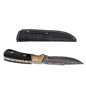 Cuchillo de Caza de Acero de Damasco con Hoja Fija, Mango de Cuero, Borde Dentado, Diseño de Punta Caída, 23 cm de Longitud - Product Image 6