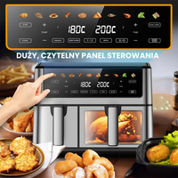 Friteuse à air 10L à double panier en acier inoxydable avec fenêtre de visualisation, contrôle de température indépendant, 10 programmes de cuisson et tiroirs antiadhésifs
